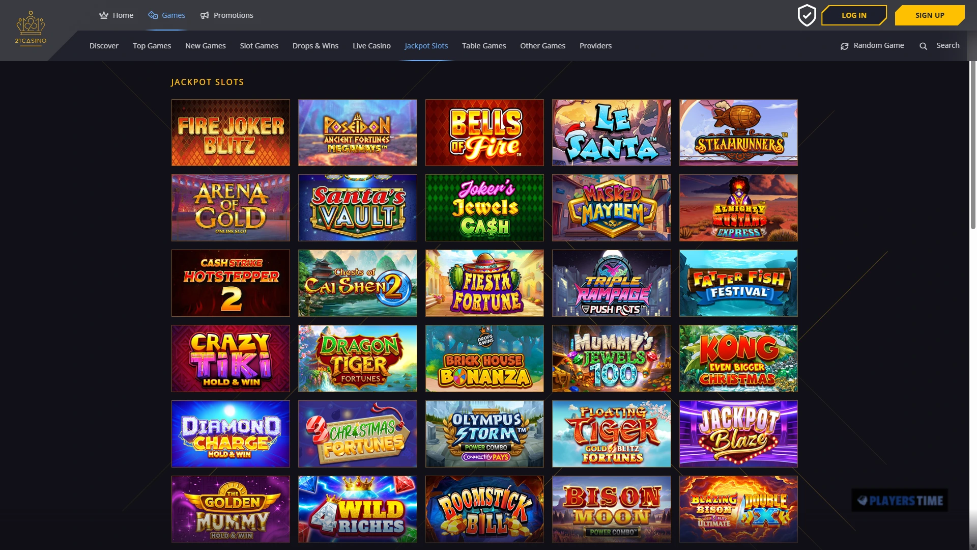 21 Casino UK public Jackpot Slots category showing a grid of jackpot-themed casino games