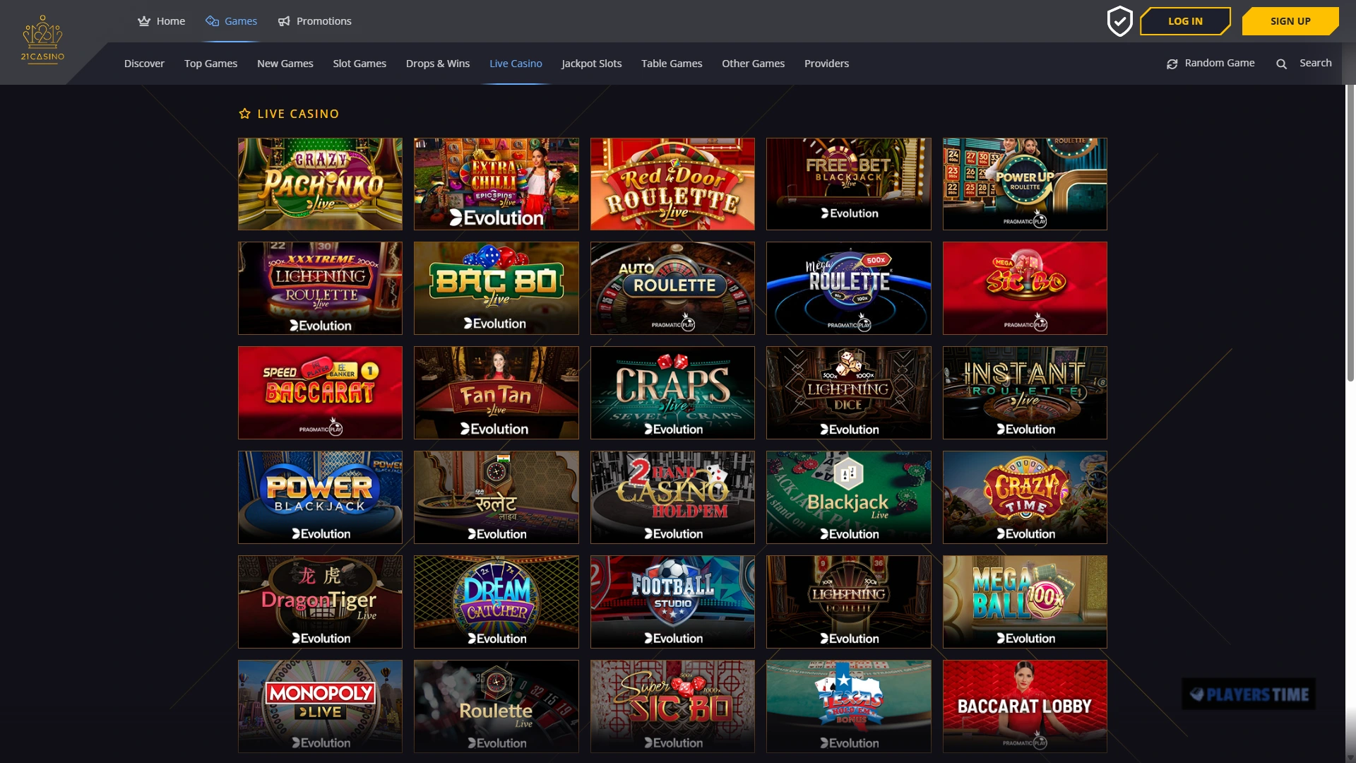 21 Casino UK public Live Casino lobby showing Evolution and Pragmatic Play games
