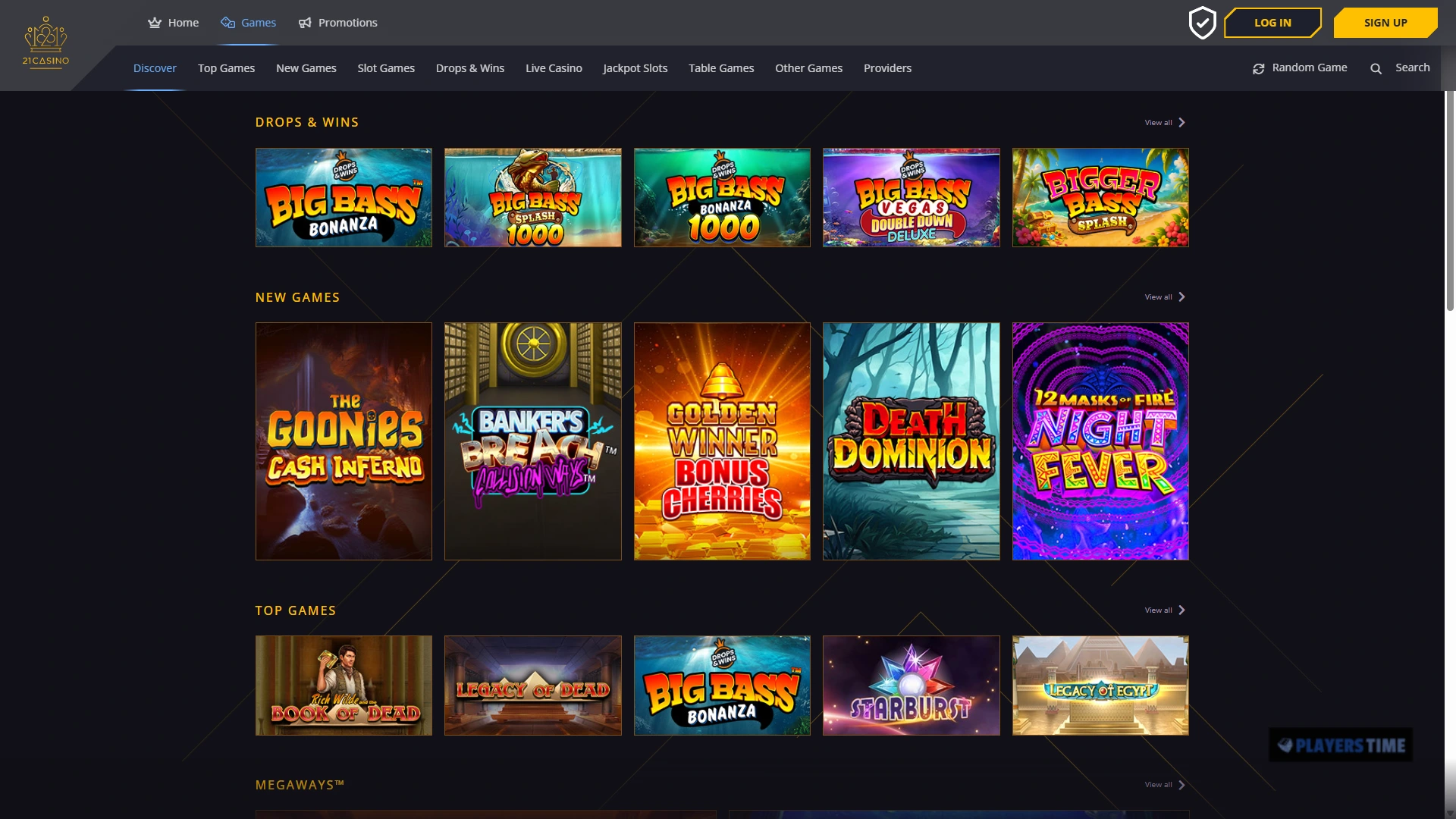 21 Casino UK public desktop lobby showing casino categories and game rows