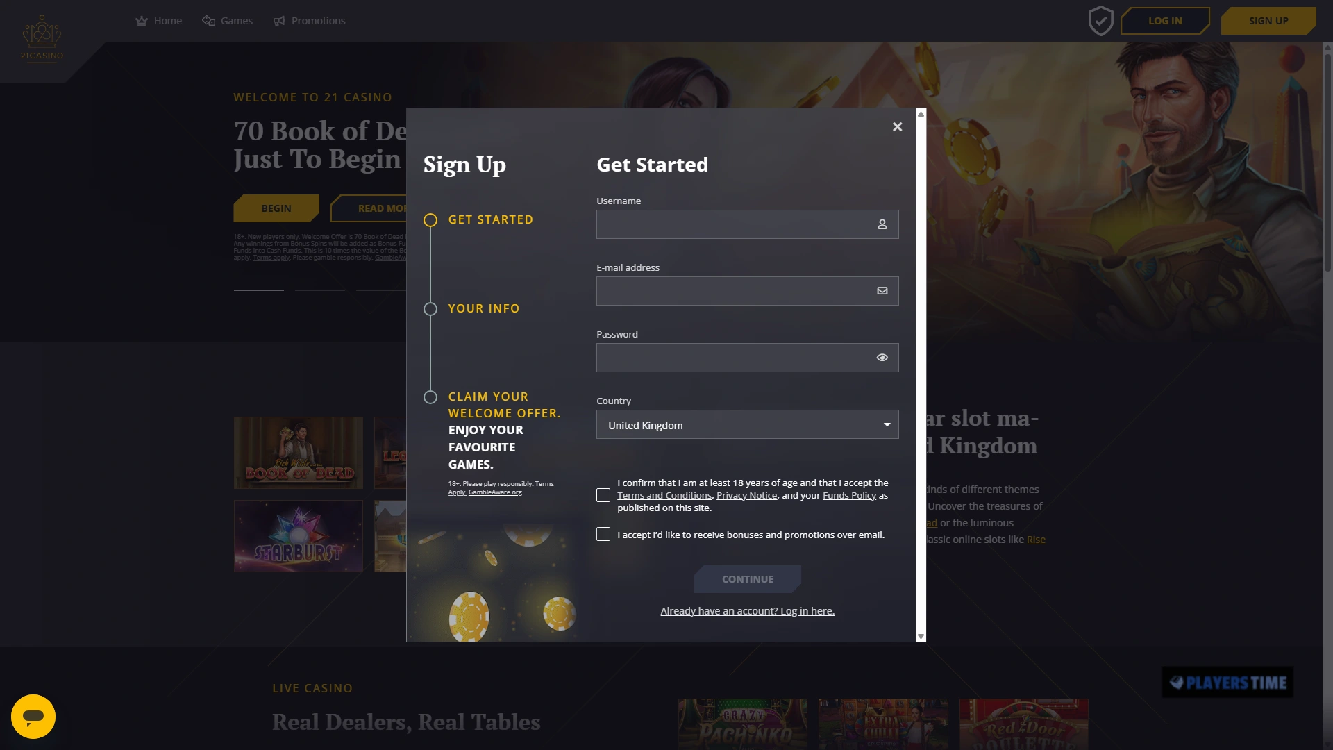 21 Casino UK public registration window showing the first Get Started stage