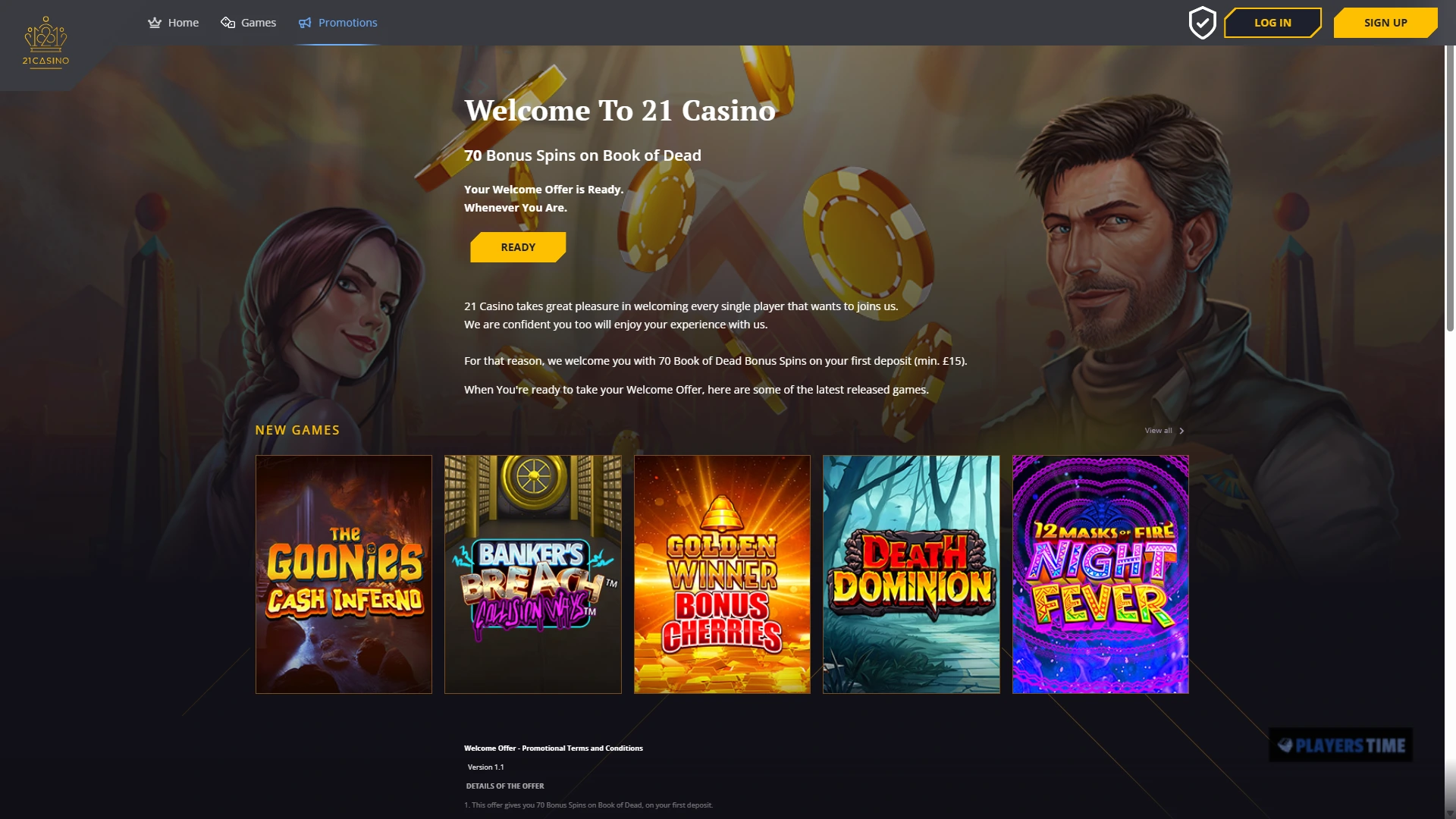 21 Casino UK welcome offer page showing 70 Bonus Spins on Book of Dead
