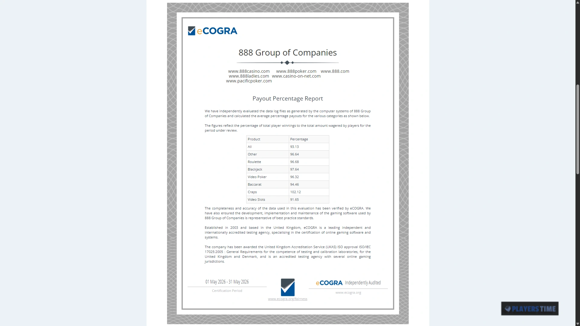 eCOGRA payout percentage report for 888 Group of Companies showing overall and product-level payout figures for the period 1 May 2026 to 31 May 2026