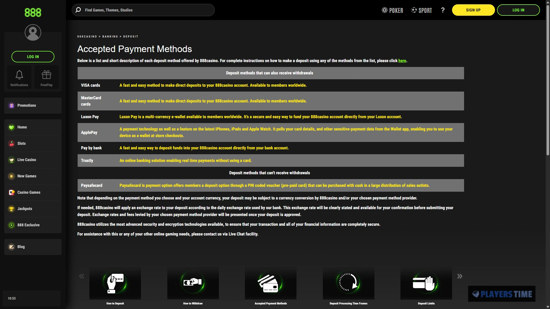 888casino UK cashier showing available withdrawal methods and account-specific payment information