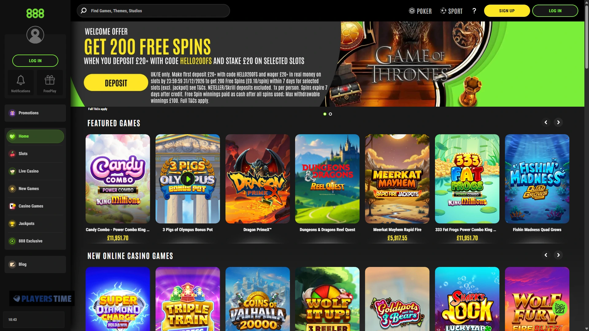 888casino UK desktop lobby showing the main casino categories, search function and featured games