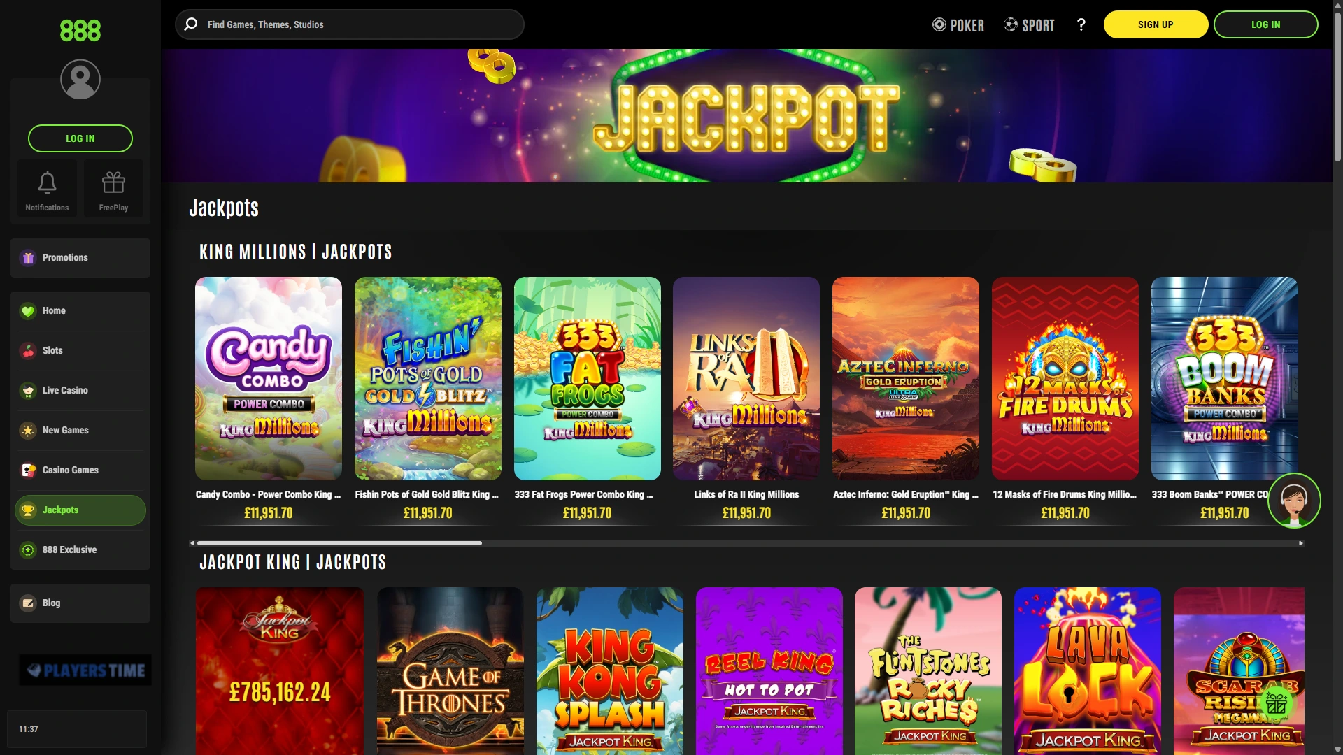 888casino UK jackpots section showing King Millions and Jackpot King jackpot games with current displayed prize amounts