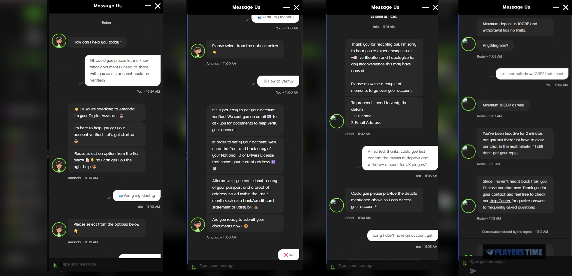888casino UK live chat showing verification requirements and minimum deposit and withdrawal information