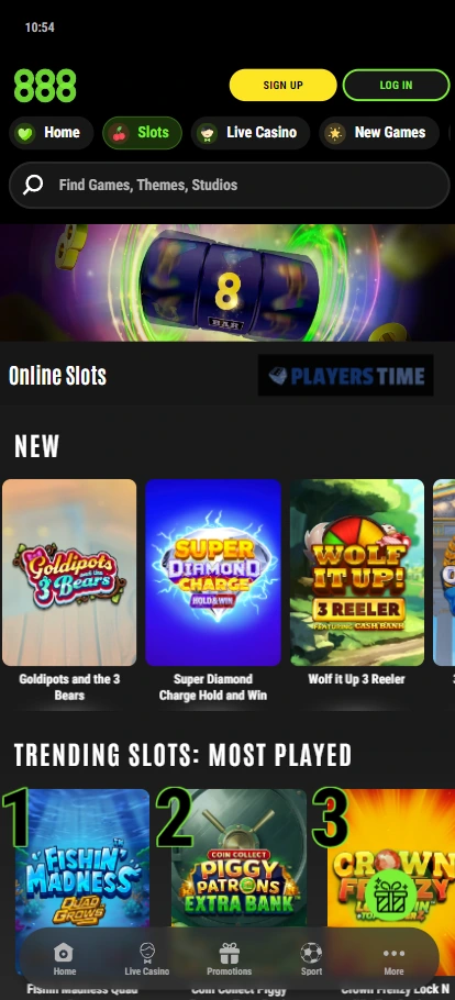 888casino UK mobile casino lobby displayed in a smartphone browser