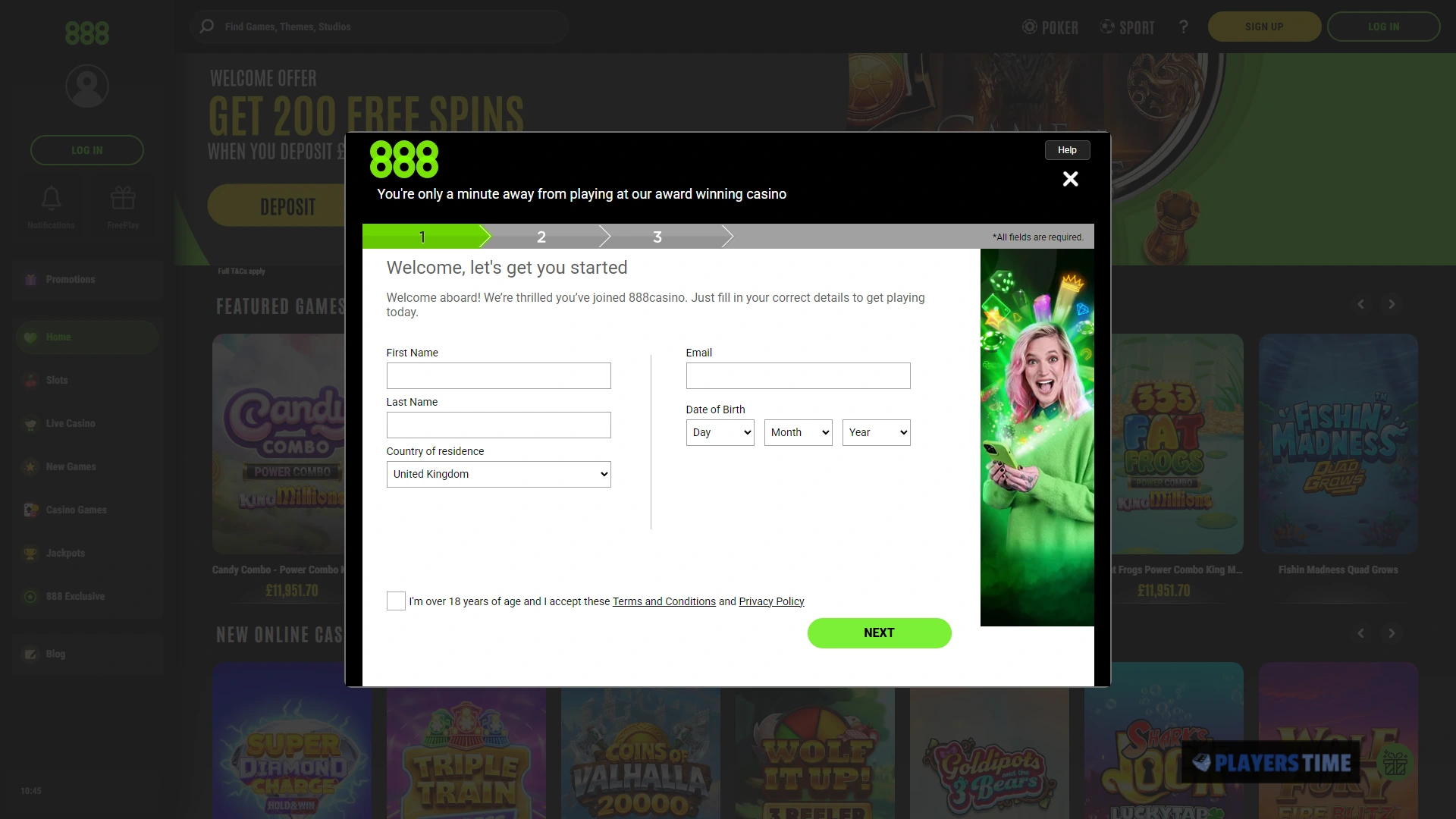 888casino UK registration form showing the information requested from new players