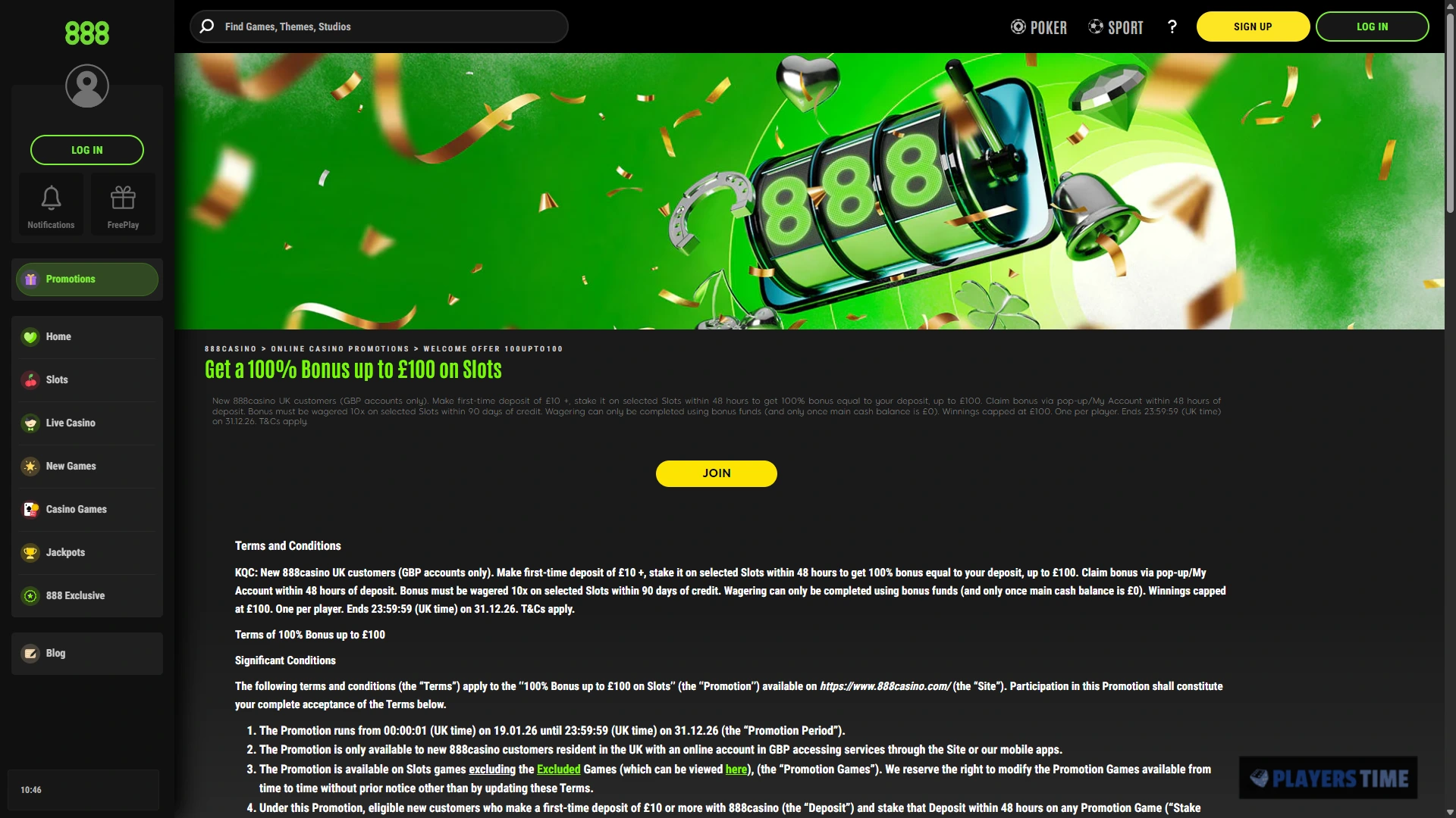 888casino UK welcome bonus page showing the deposit offer and key promotional conditions