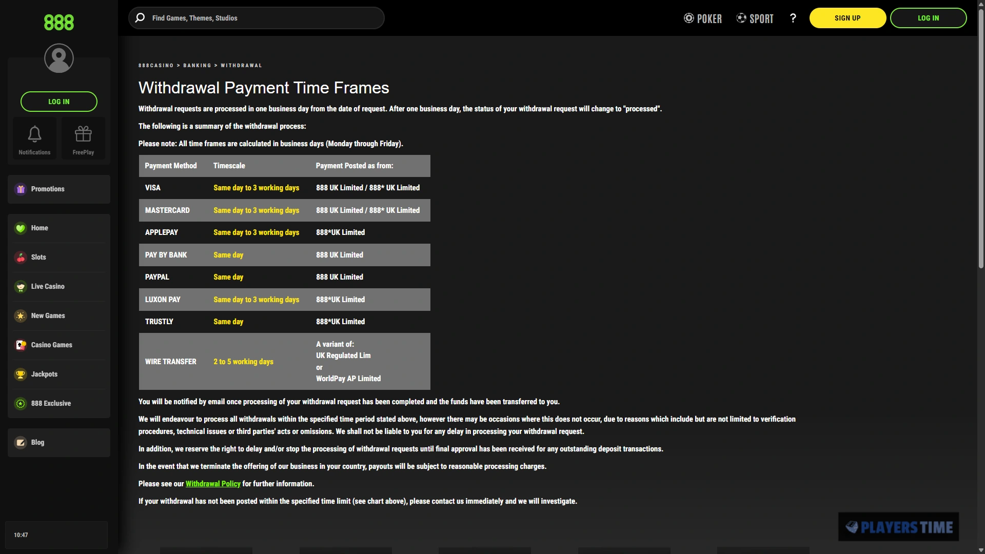 888casino withdrawal information showing published processing times for different payment methods