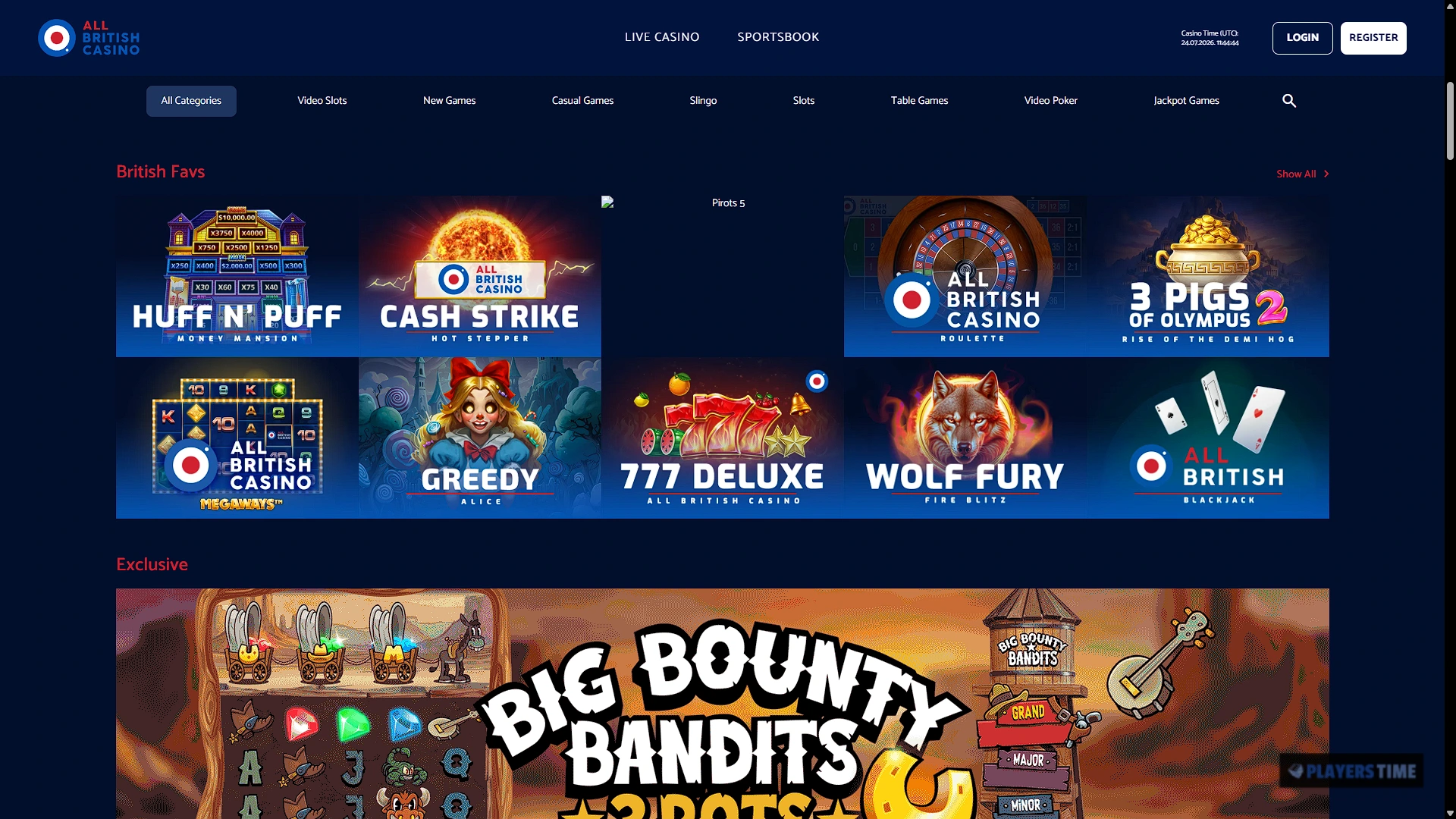 All British Casino UK desktop lobby showing British-themed game categories, provider filters and featured casino titles