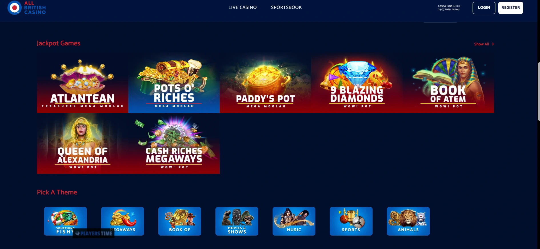 All British Casino UK Jackpot Games section showing Mega Moolah and WOWPot jackpot titles