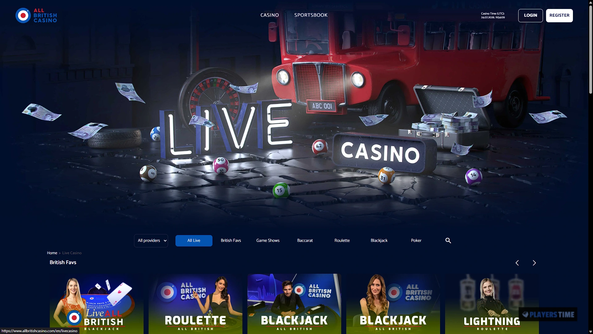 All British Casino UK live casino lobby showing branded roulette and blackjack tables and live dealer categories