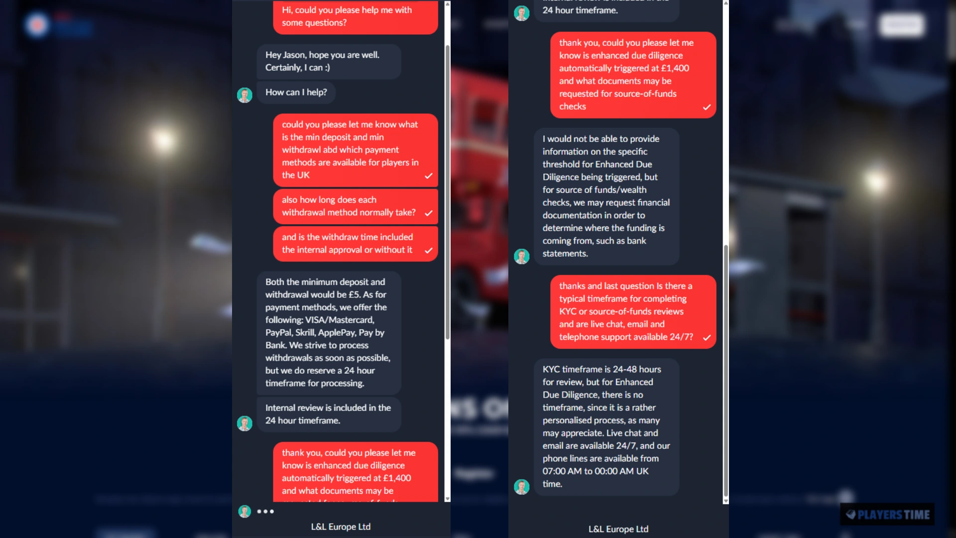 Composite of All British Casino human live chat confirming minimum payments, withdrawal processing, KYC review times and support hours