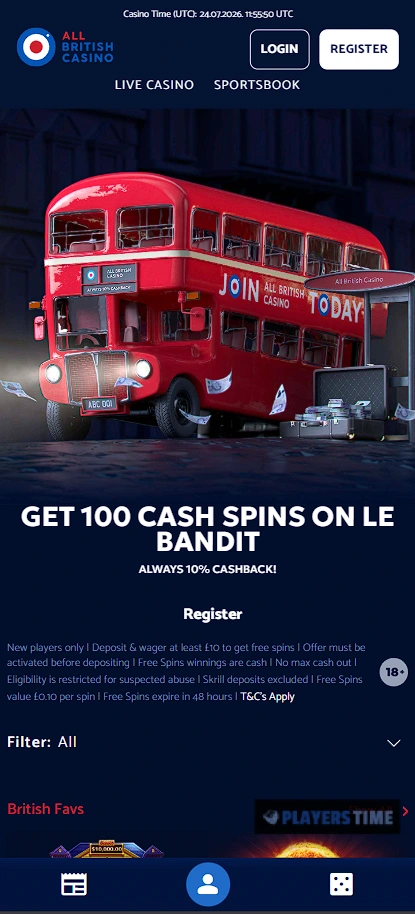 All British Casino UK mobile-browser lobby showing navigation, game categories, provider filters and casino titles