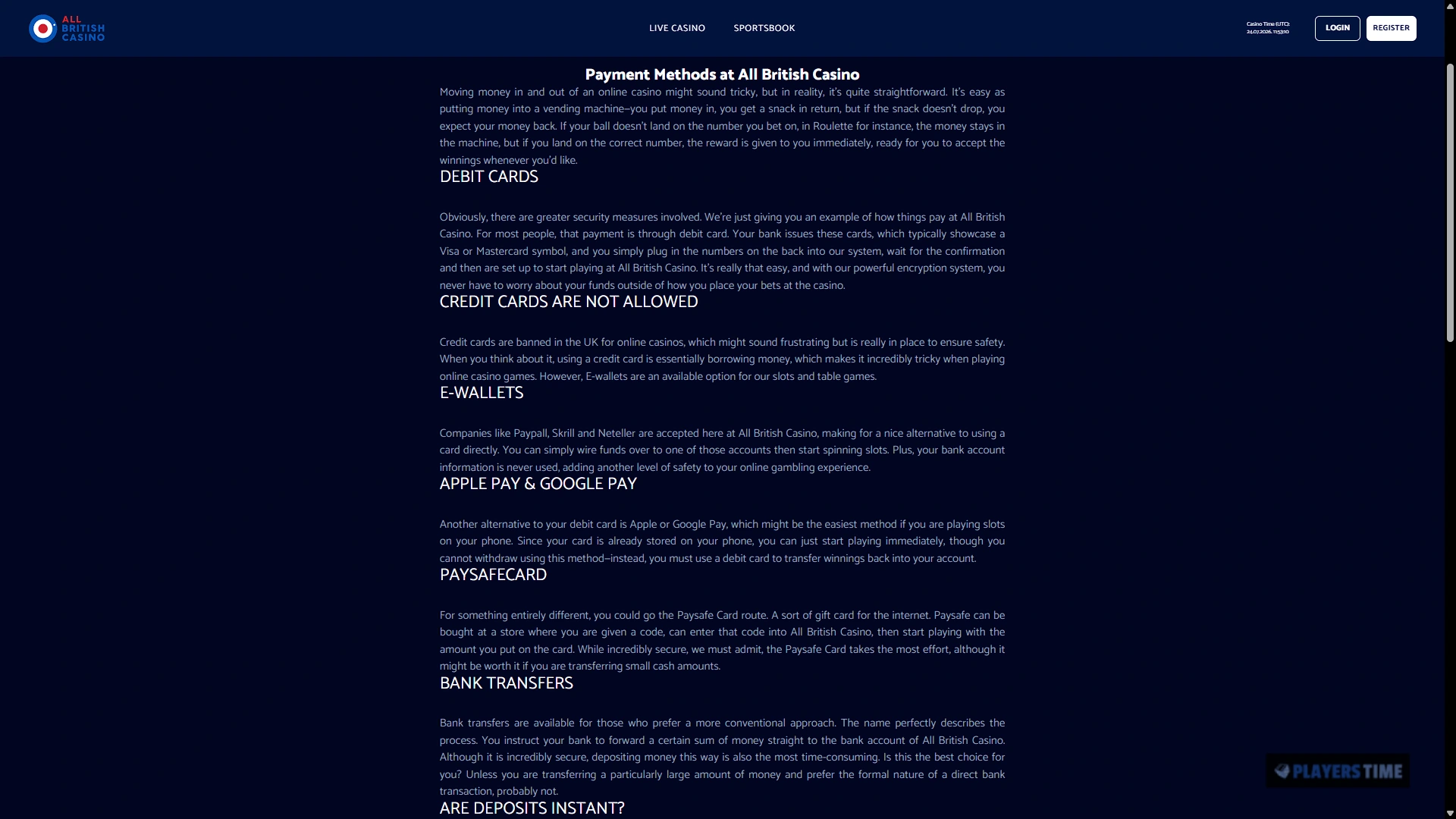 All British Casino UK payments page listing debit cards, e-wallets, mobile wallets, Paysafecard and bank transfer