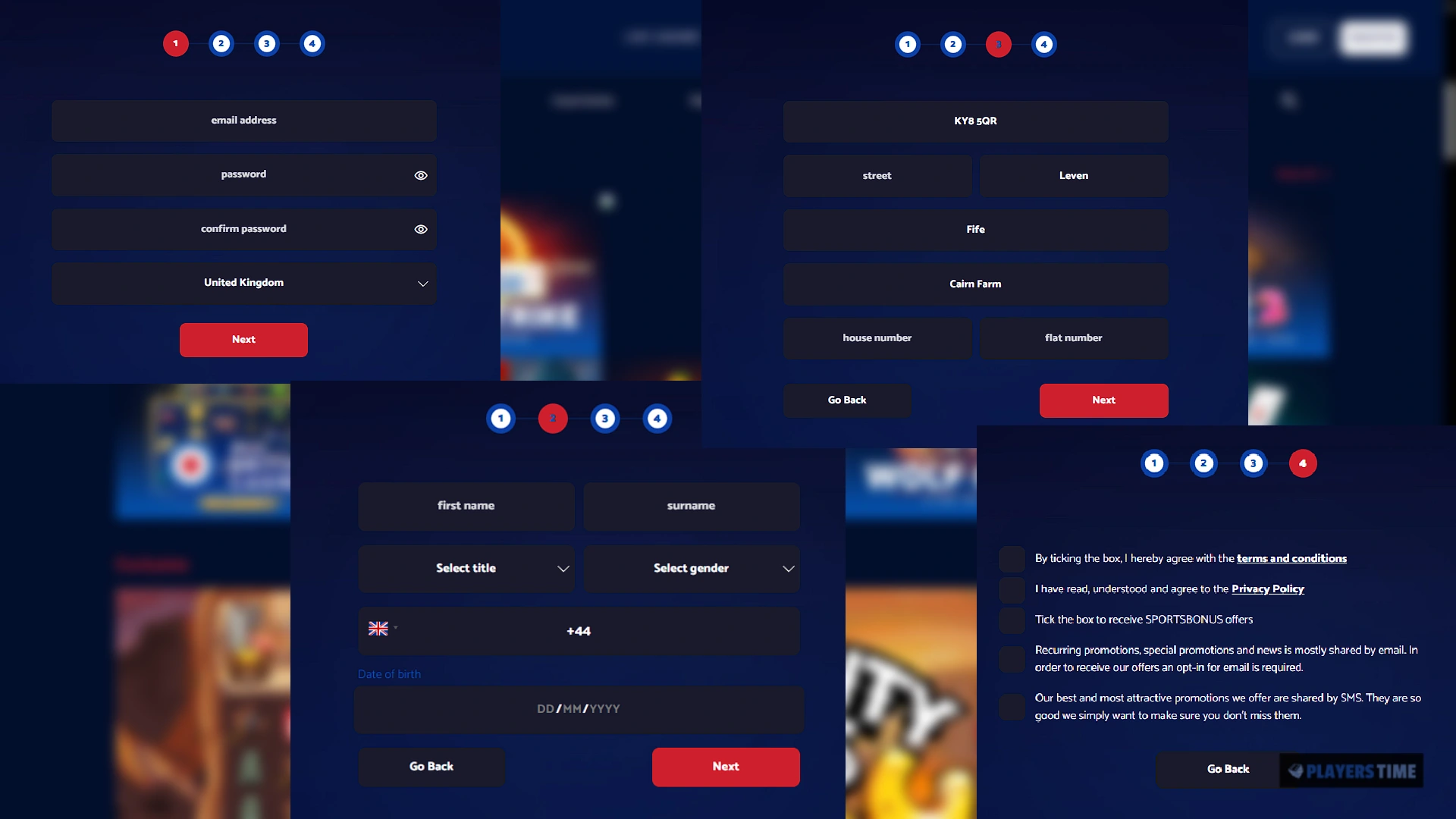 All British Casino UK registration journey showing account details, identity information and verification steps