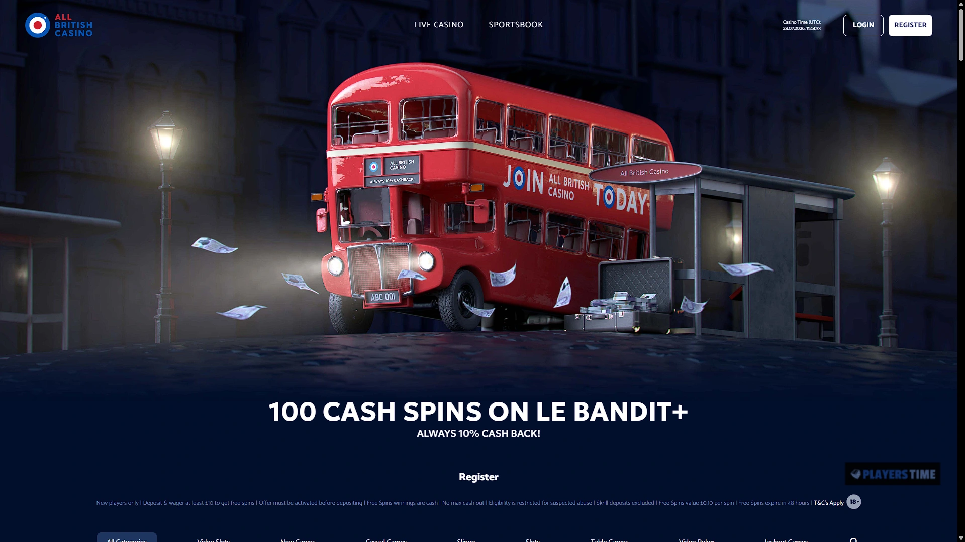 All British Casino UK welcome offer showing 100 Cash Spins on Le Bandit Plus and the qualifying conditions