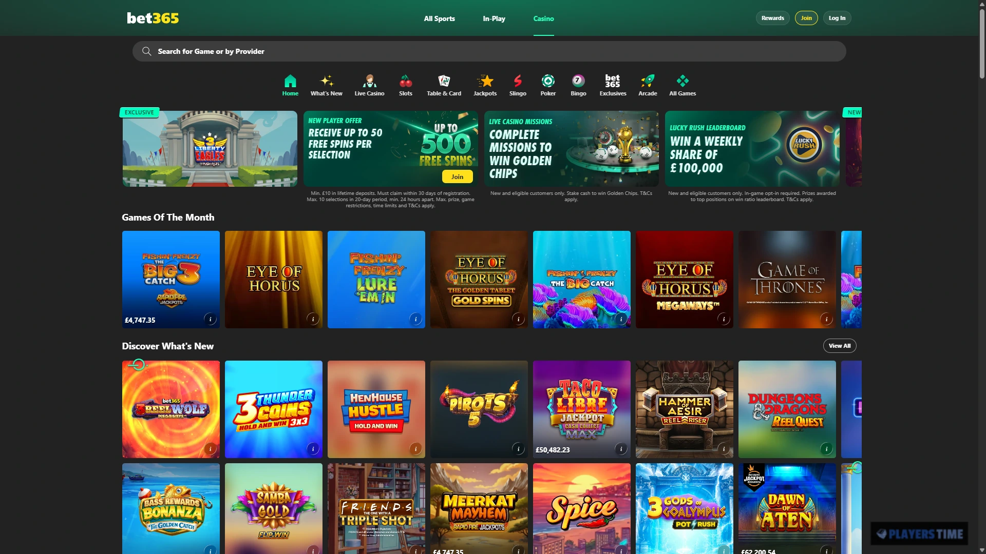 bet365 Casino UK desktop lobby showing game categories, provider filters, RTP filters and casino titles
