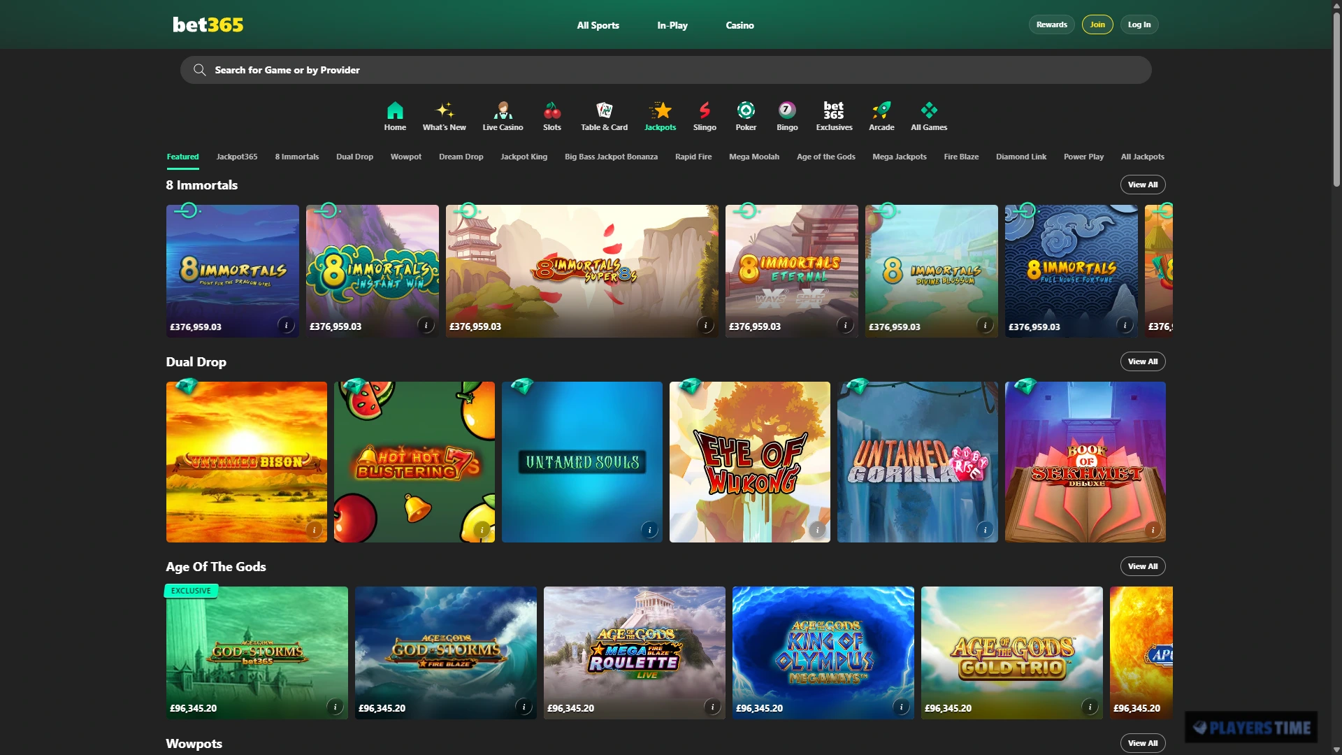 bet365 Casino UK jackpot lobby showing Mega Moolah, Jackpot King, Dream Drop, WOWPOT and other jackpot categories