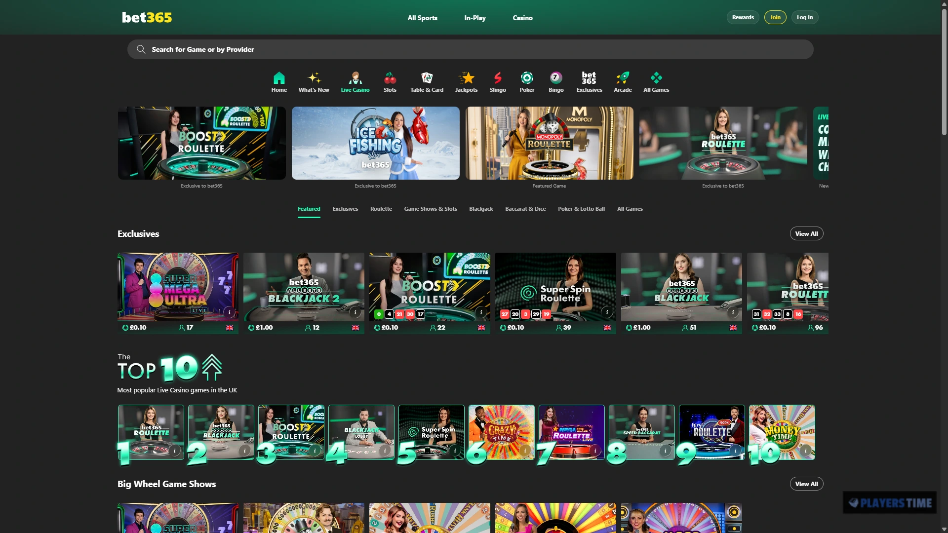 bet365 Casino UK live casino lobby showing live dealer tables, game shows and provider categories
