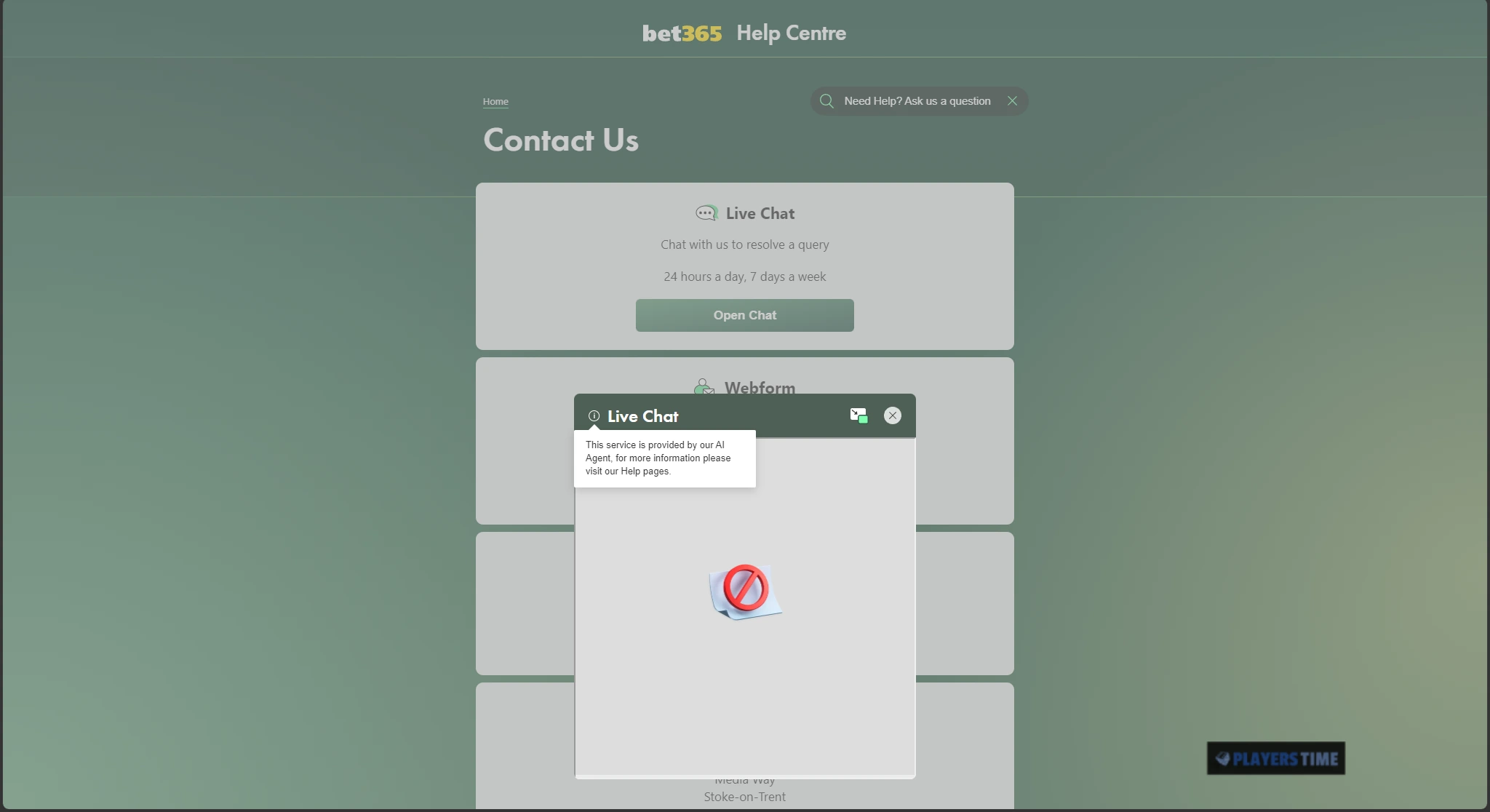bet365 UK Help Centre showing advertised 24/7 live chat and an embedded chat connection error