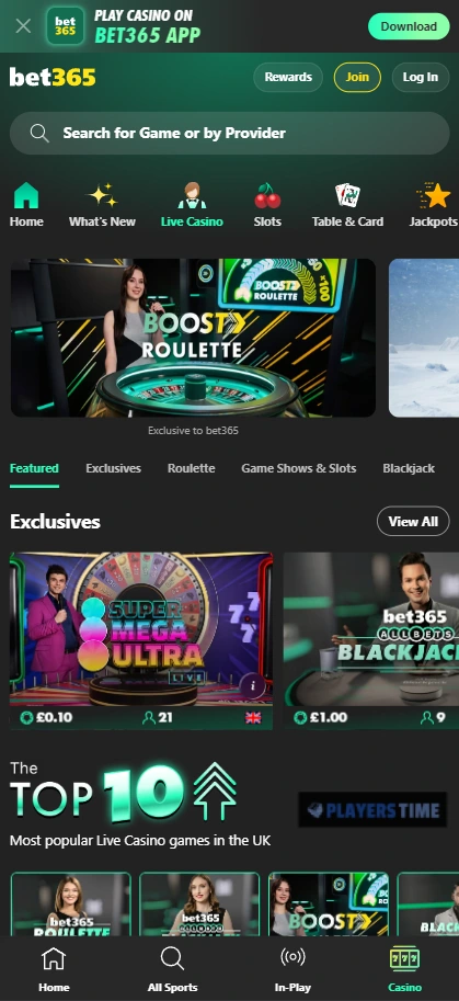 bet365 Casino UK mobile-browser lobby showing navigation, game categories, search and promotions