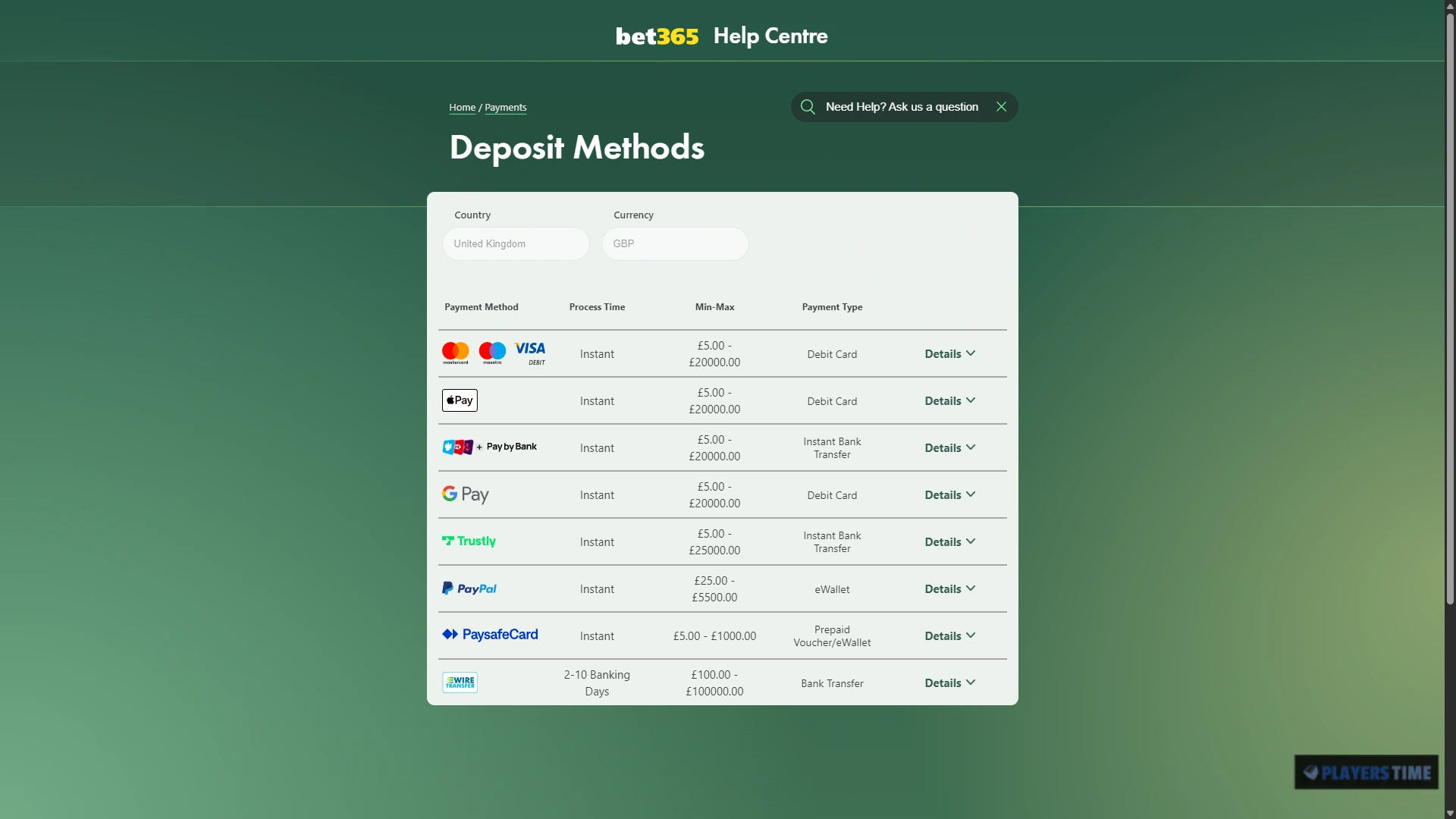 bet365 UK Help Centre listing debit cards, Apple Pay, Google Pay, PayPal, Trustly, Pay by Bank, Paysafecard and bank transfer