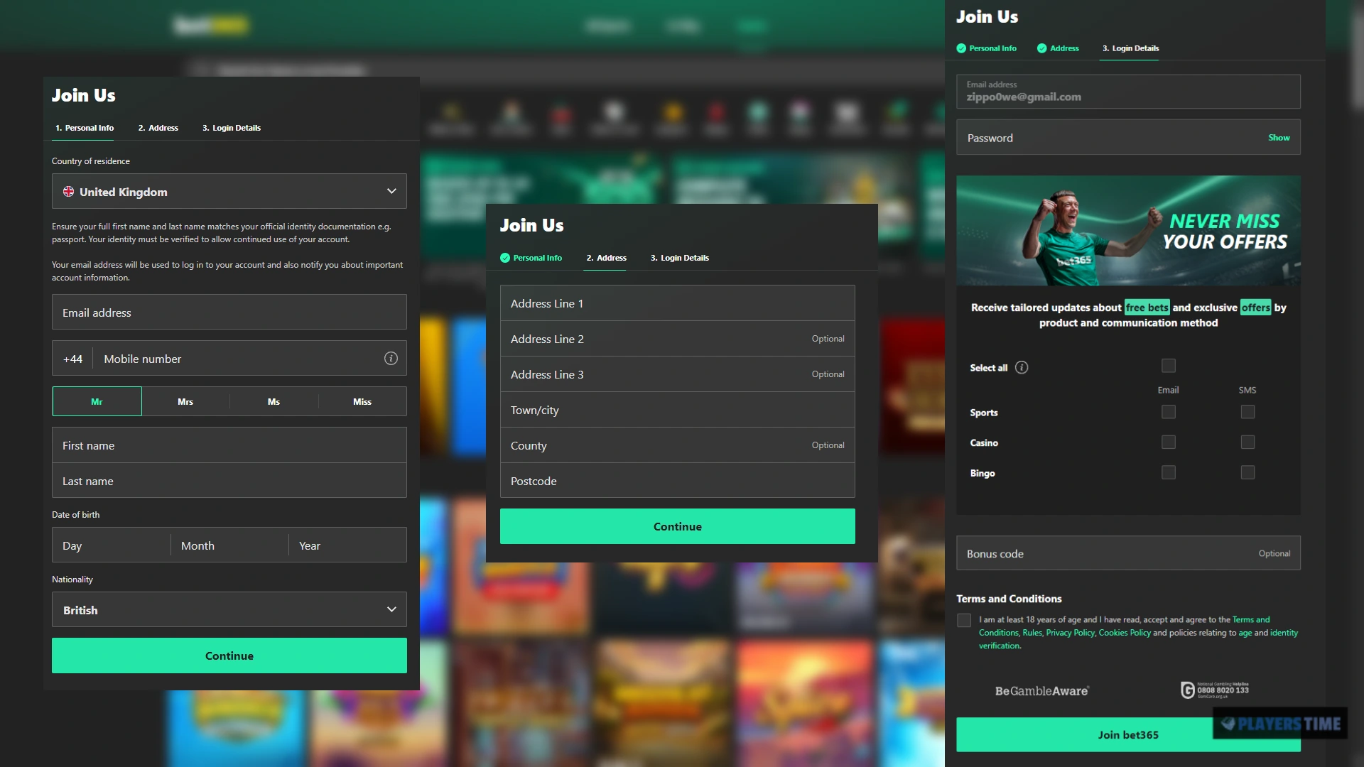 bet365 Casino UK registration journey showing personal details and mobile verification stages