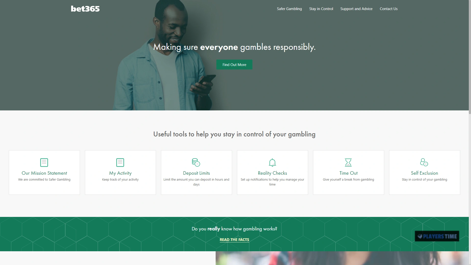 bet365 UK safer gambling page showing deposit limits, time-outs, reality checks and self-exclusion information