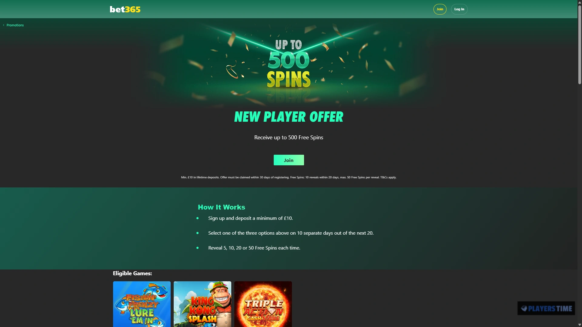 bet365 Casino UK welcome offer showing the free-spins prize selection and qualifying conditions