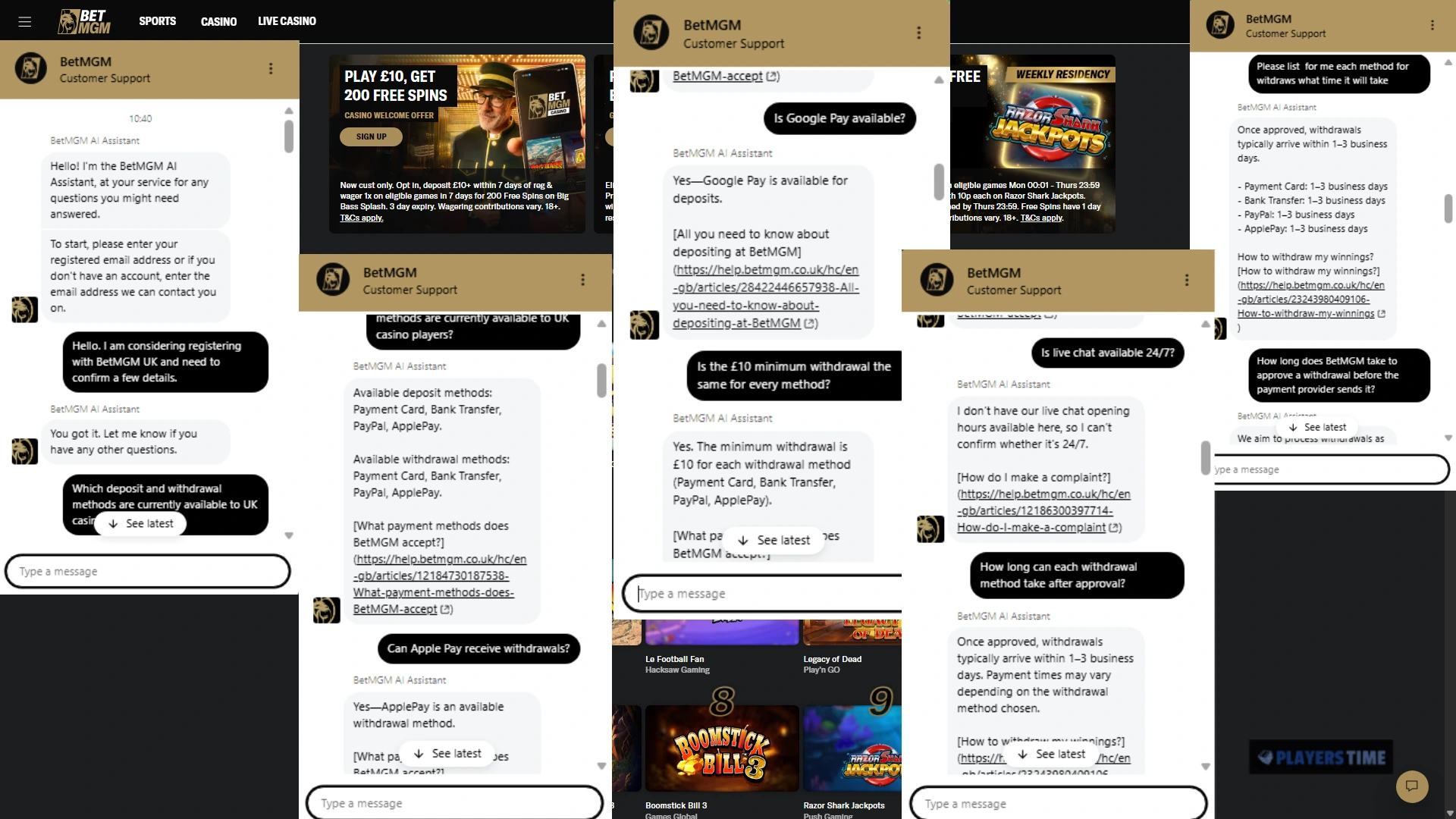 BetMGM UK AI support assistant answering questions about payment methods, withdrawal limits and payout times