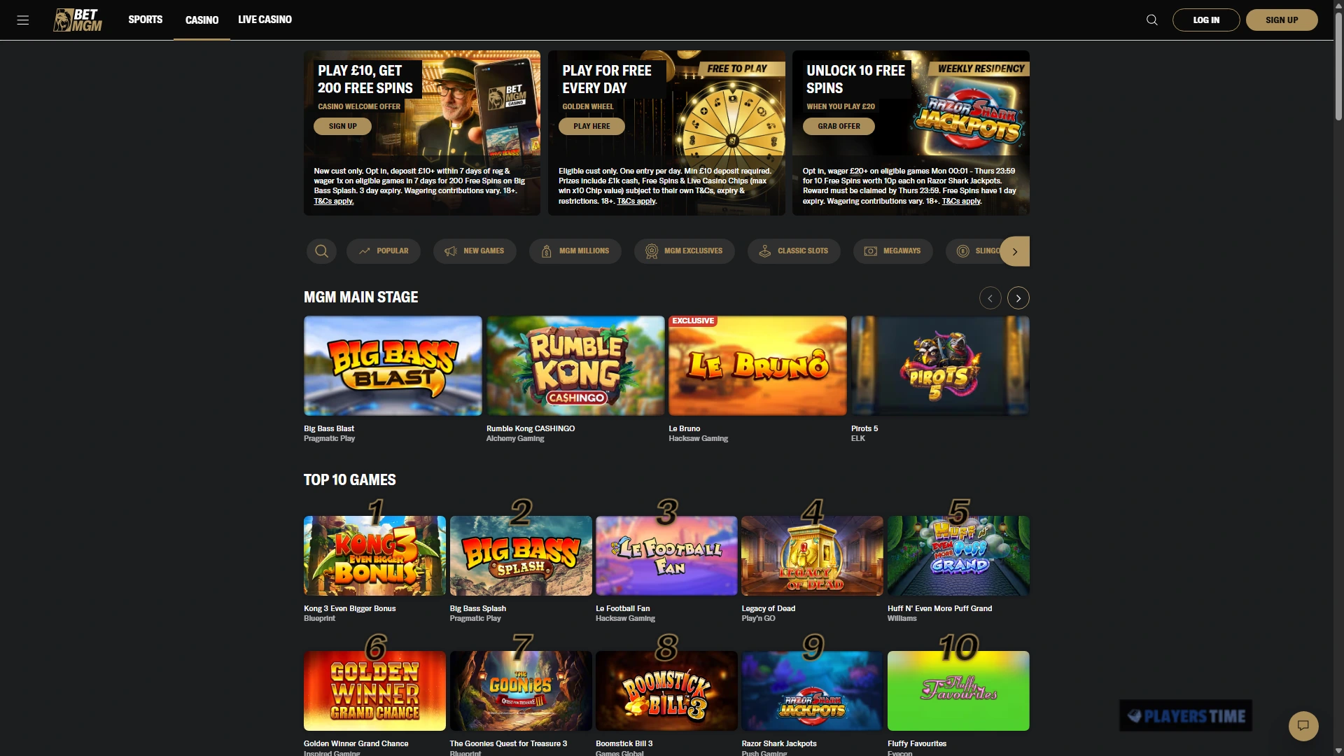 BetMGM UK desktop casino lobby showing promotions, game filters, search and featured casino games
