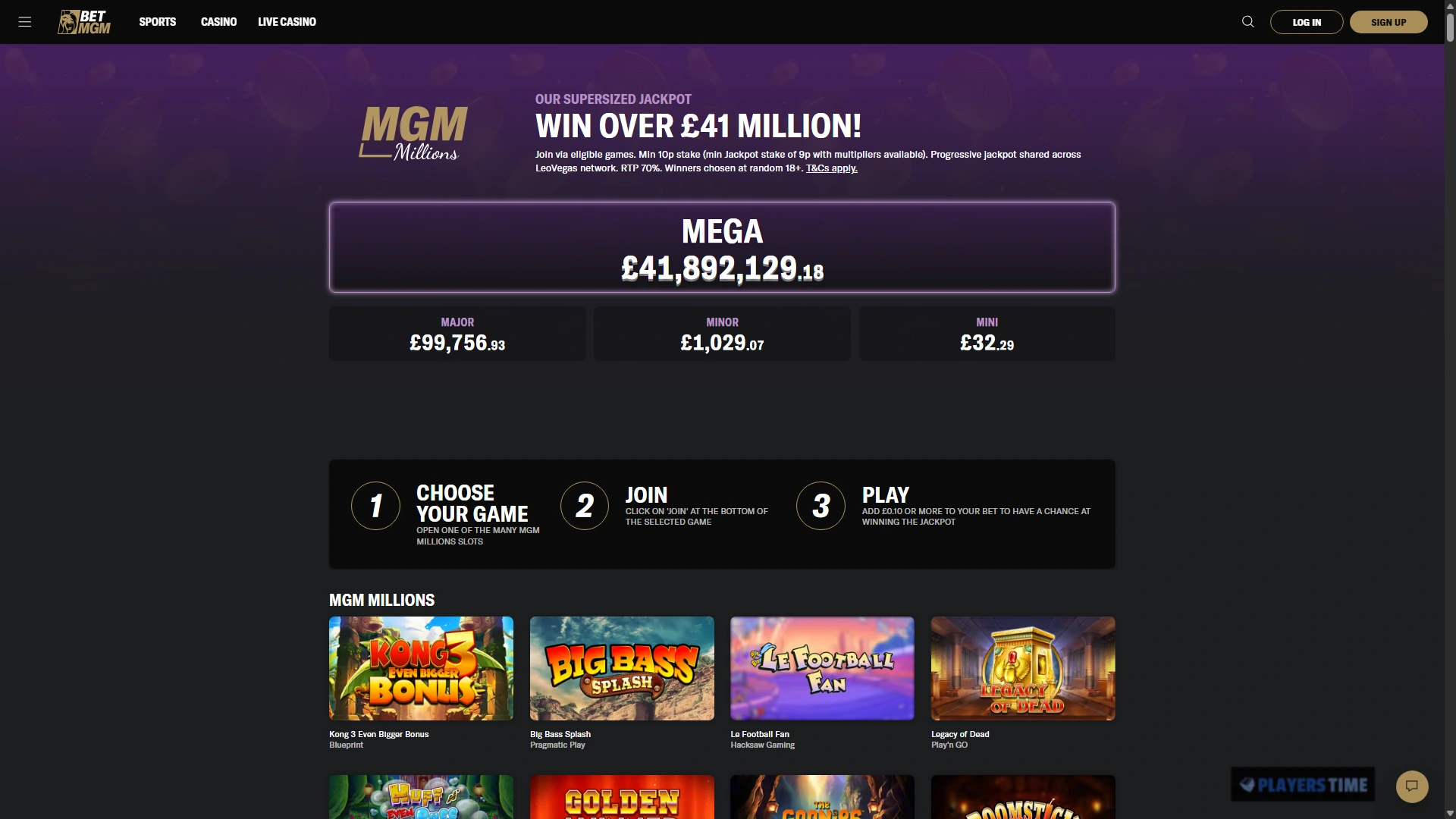 BetMGM UK MGM Millions page showing Mega, Major, Minor and Mini jackpot levels and participating games