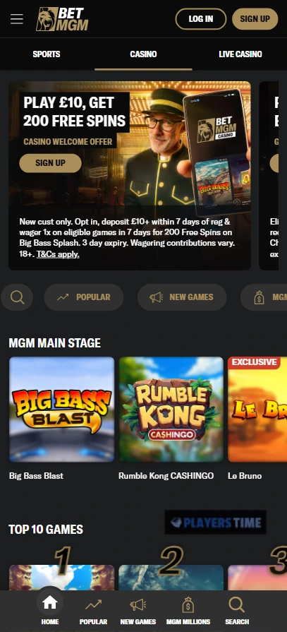 BetMGM UK mobile casino lobby showing the welcome offer, game categories, search and fixed bottom navigation