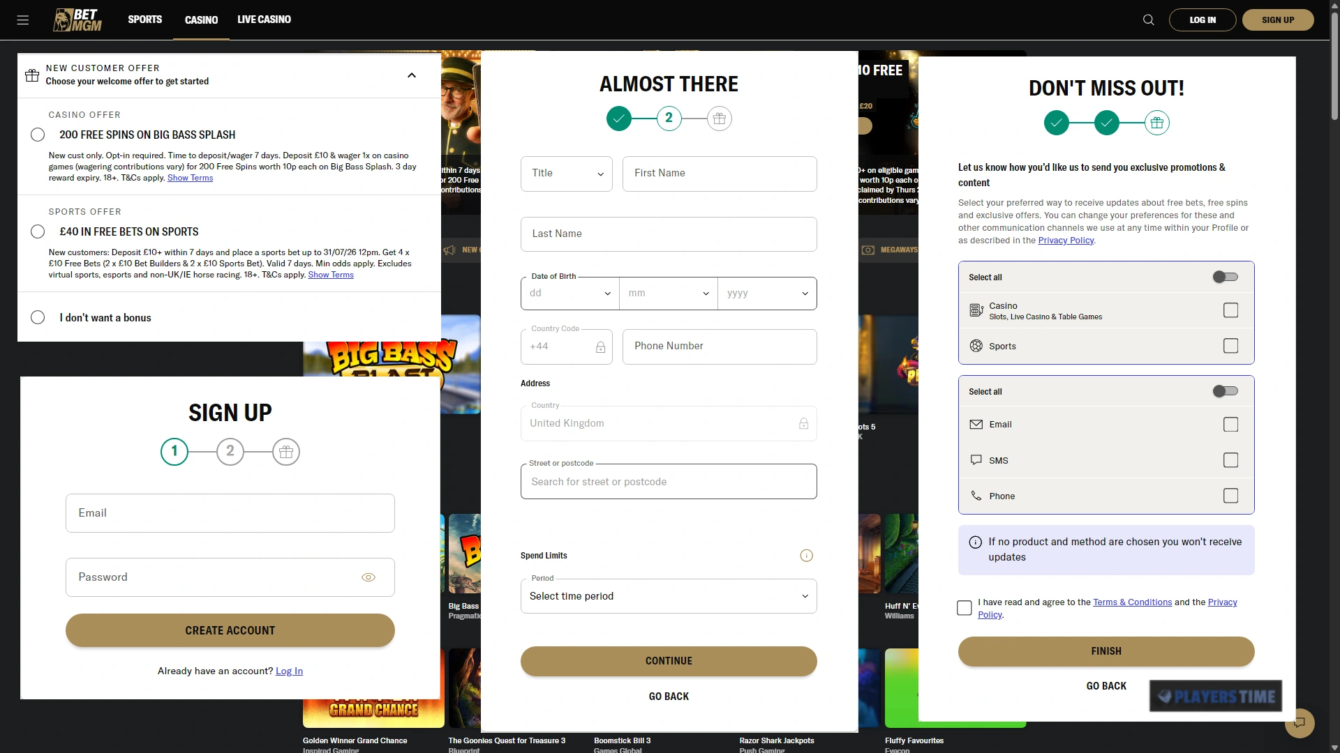 BetMGM UK three-step registration process showing account details, personal information, spend limits and communication preferences