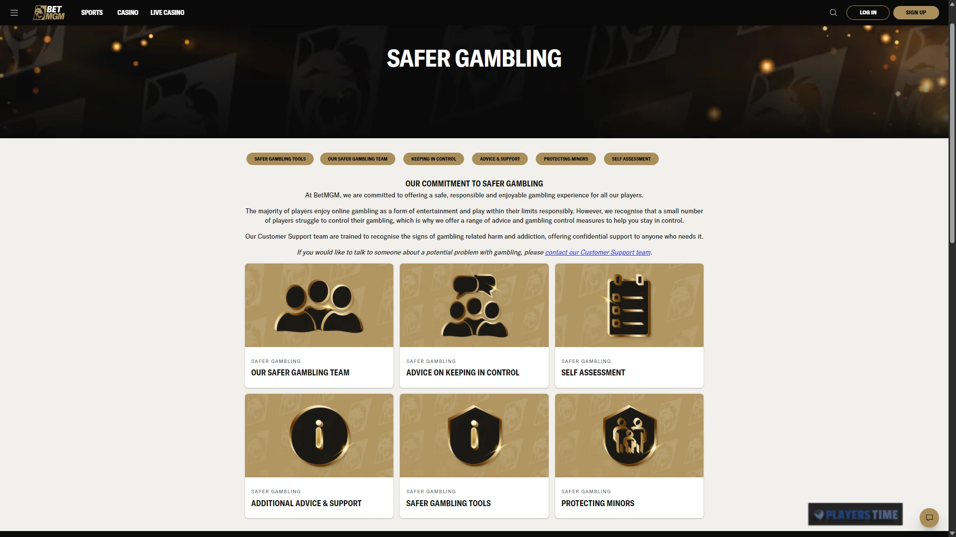 BetMGM UK safer gambling page showing tools, support, self-assessment and protecting-minors sections