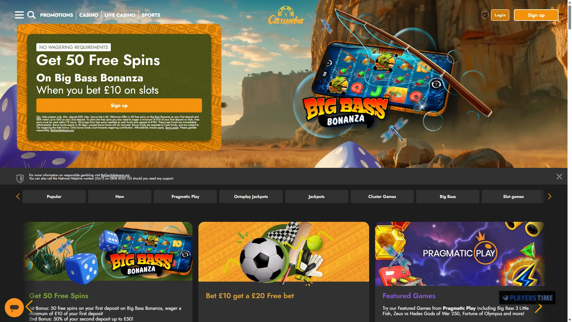 Casimba Casino UK desktop homepage showing its welcome offer, navigation, game categories and featured content