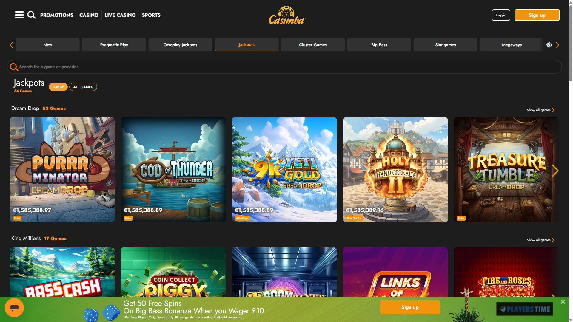 Casimba Casino UK jackpot lobby showing separate jackpot categories, Dream Drop games and King Millions titles