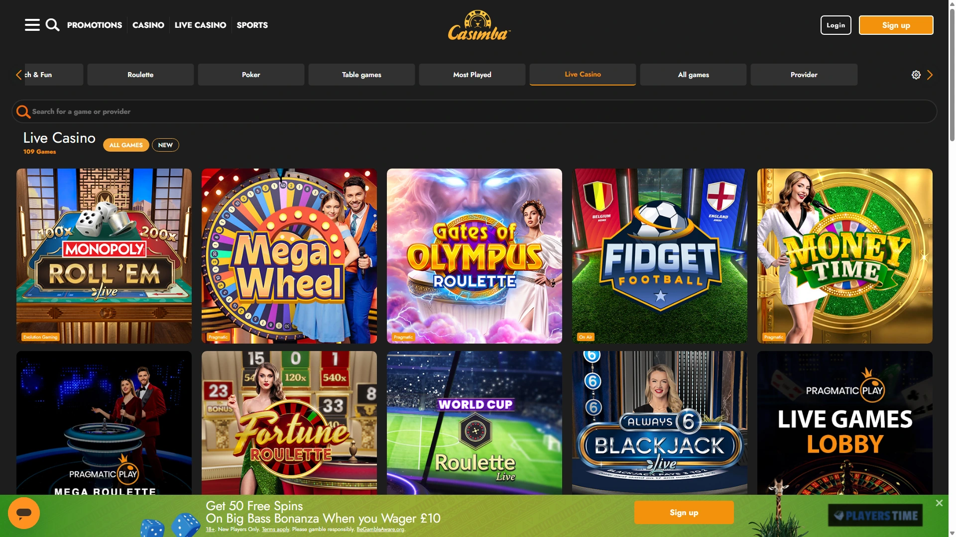 Casimba Casino UK live casino lobby showing 109 games, search, filters and live dealer titles
