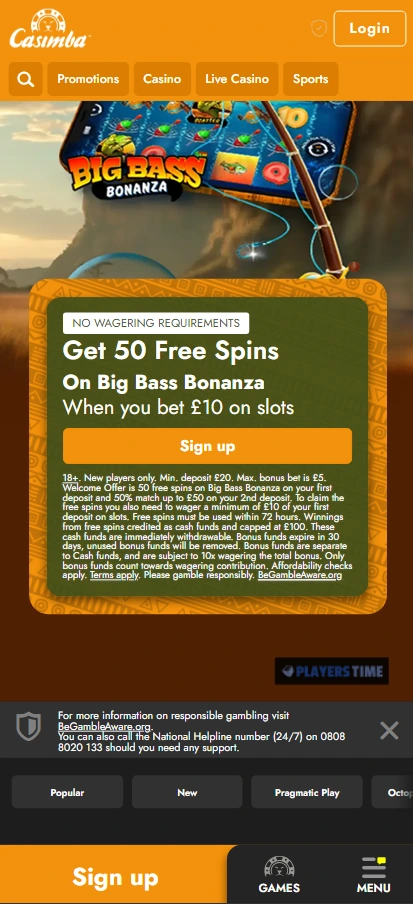 Casimba Casino UK mobile-browser homepage showing its welcome offer, navigation and casino categories