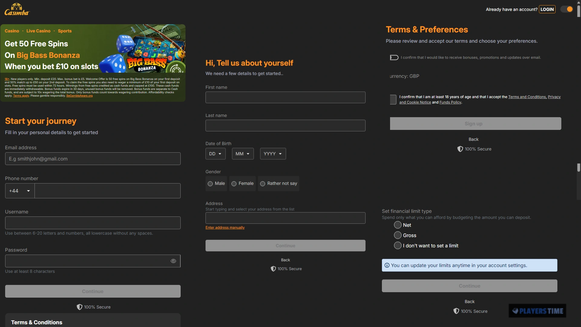 Casimba Casino UK registration journey showing login details, personal information, financial limits and final terms confirmation