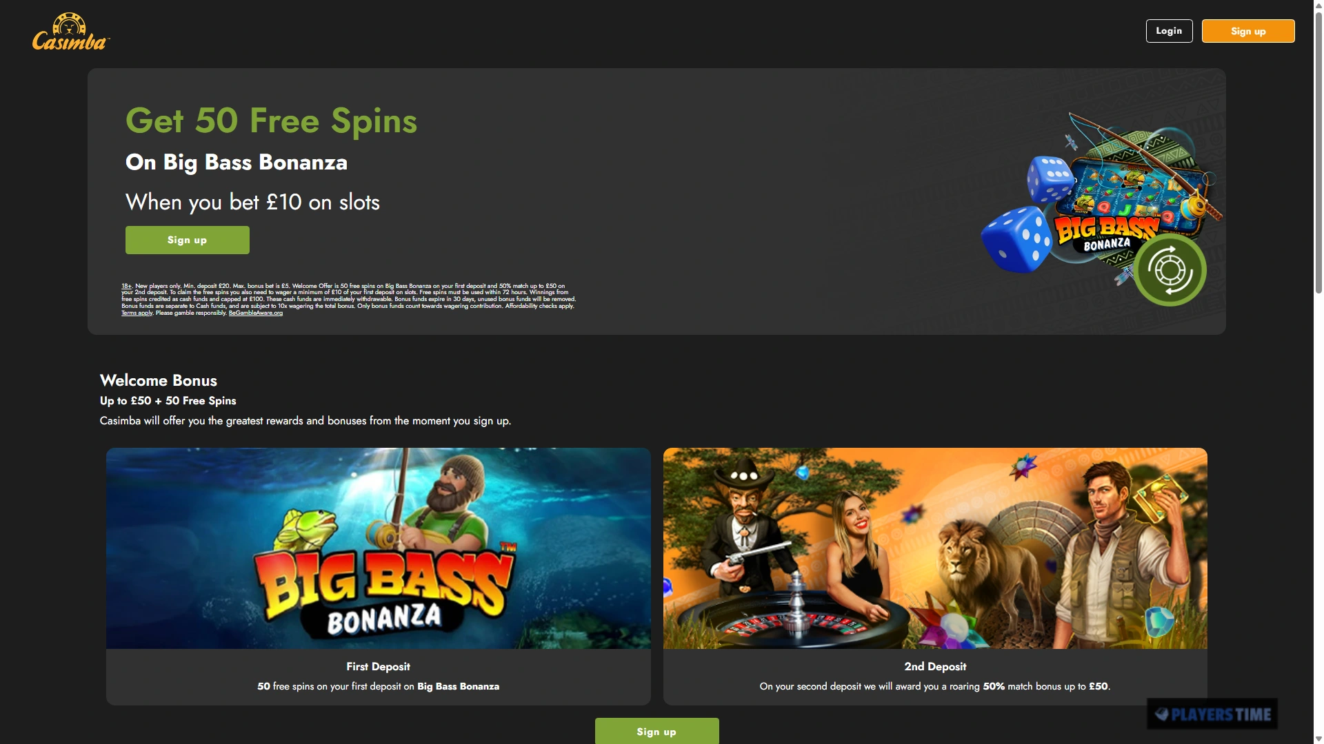 Casimba Casino UK welcome bonus page showing 50 free spins on the first deposit and a second-deposit match bonus