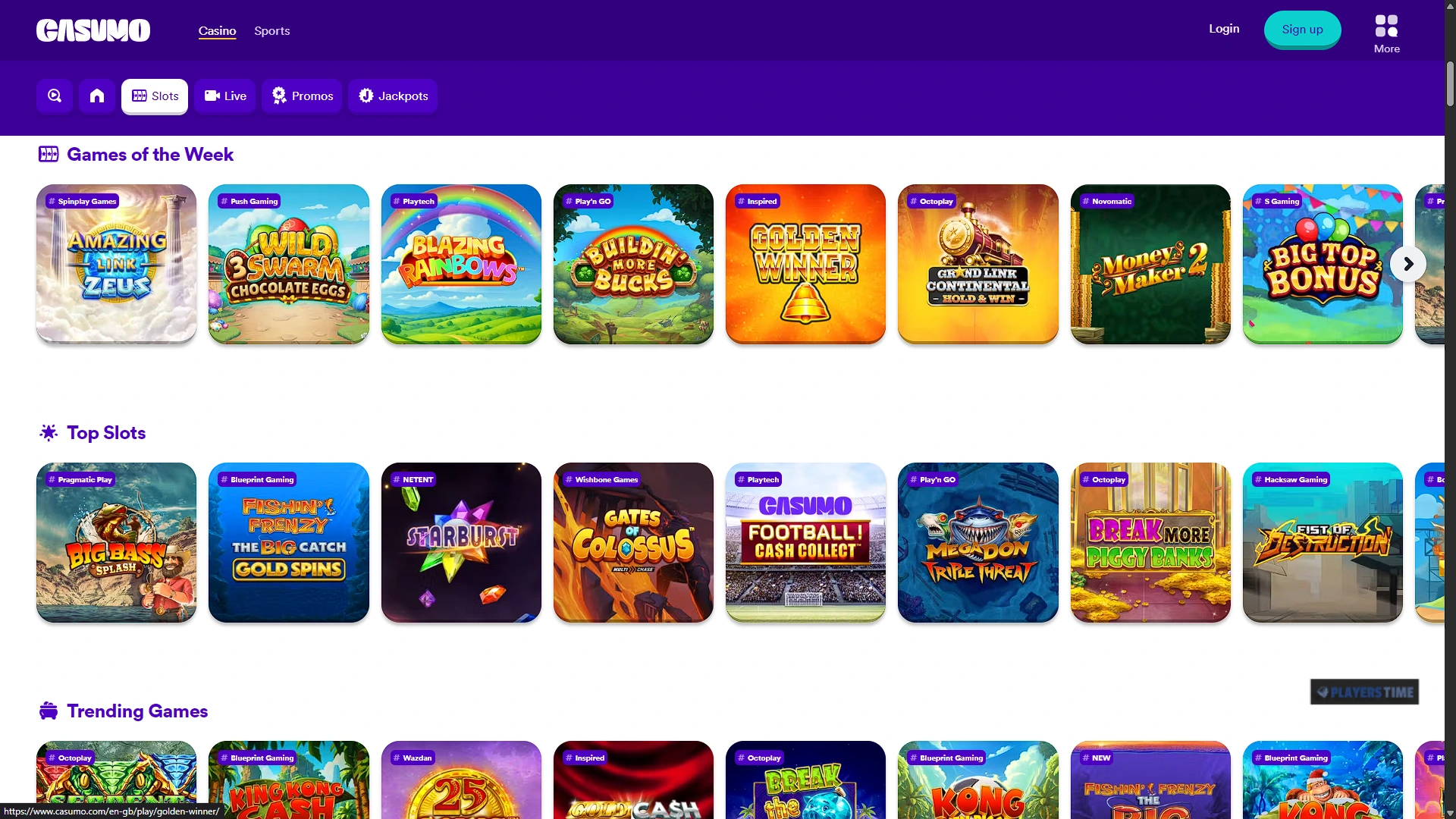 Casumo UK desktop casino lobby showing search, game categories and featured casino titles