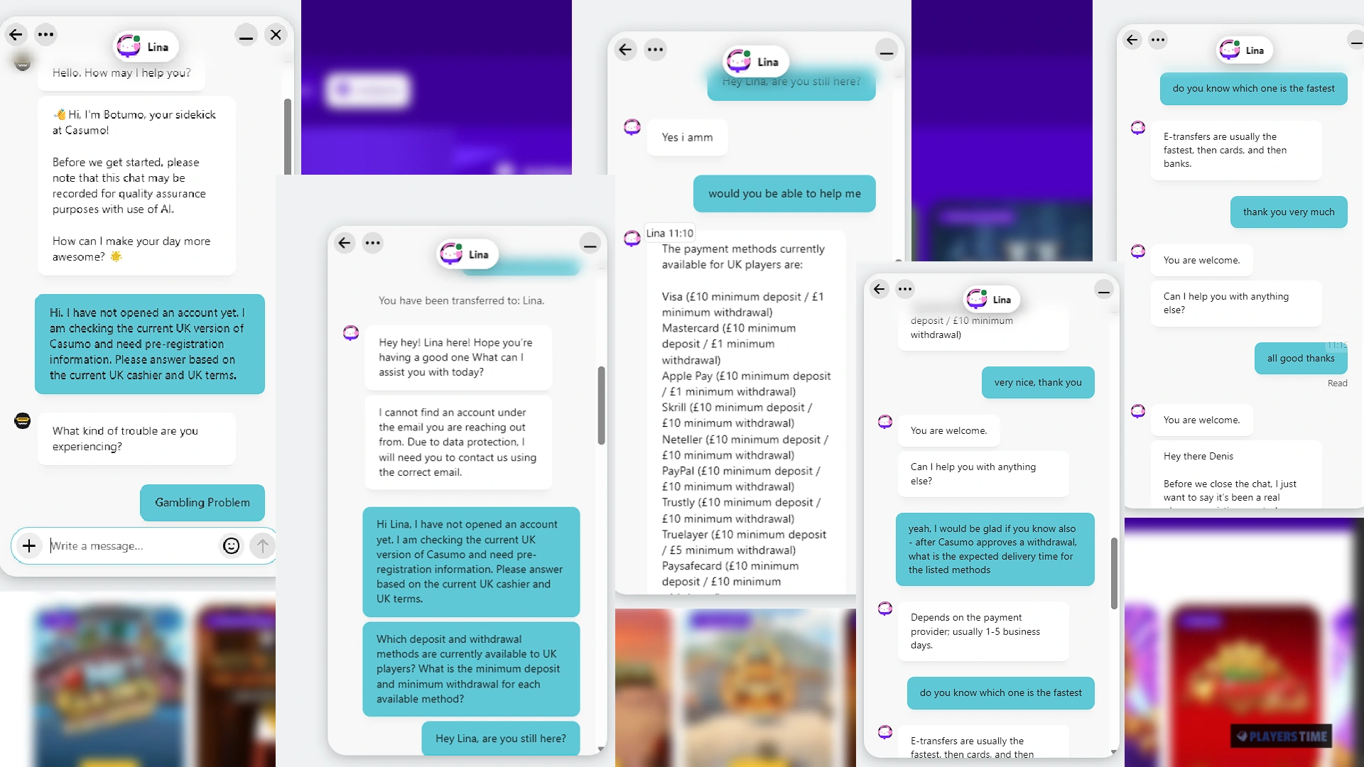 Composite of Casumo UK live chat confirming current payment methods, minimum deposits and withdrawals, and withdrawal delivery guidance