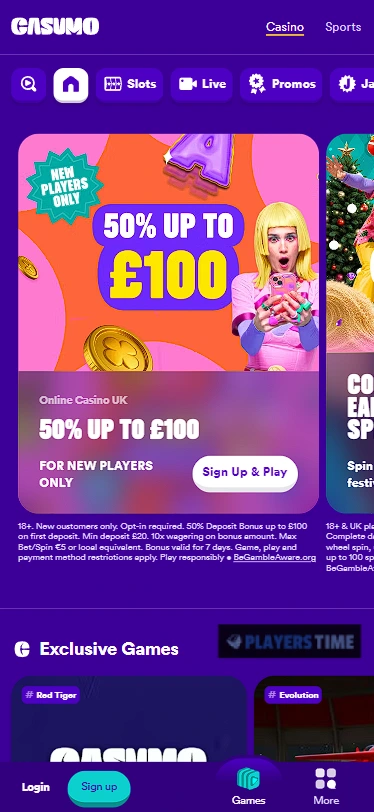 Casumo UK mobile casino lobby showing navigation, search and game categories