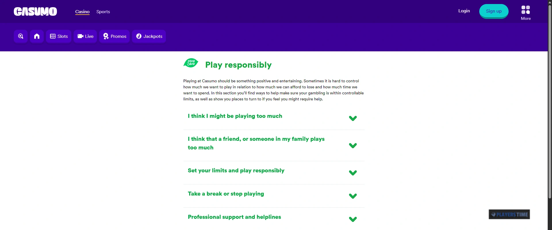Casumo UK Play Okay page showing deposit, wagering, loss, session and account-control tools