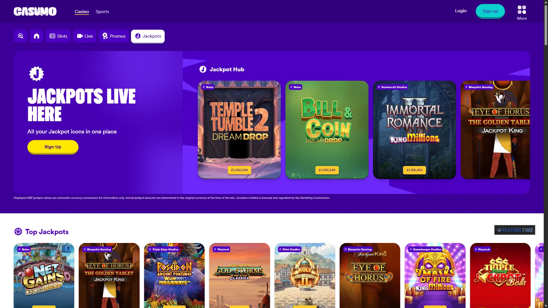 Casumo UK progressive jackpots section showing currently available jackpot games and displayed prize amounts