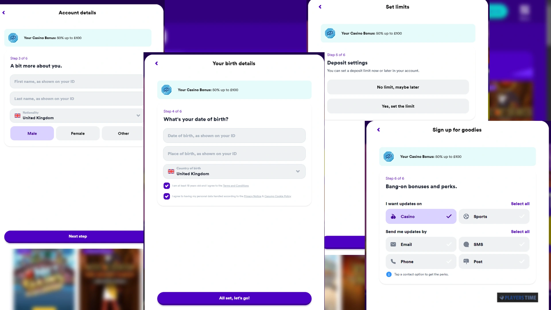Casumo UK registration steps showing personal details, birth information, deposit-limit settings and marketing preferences