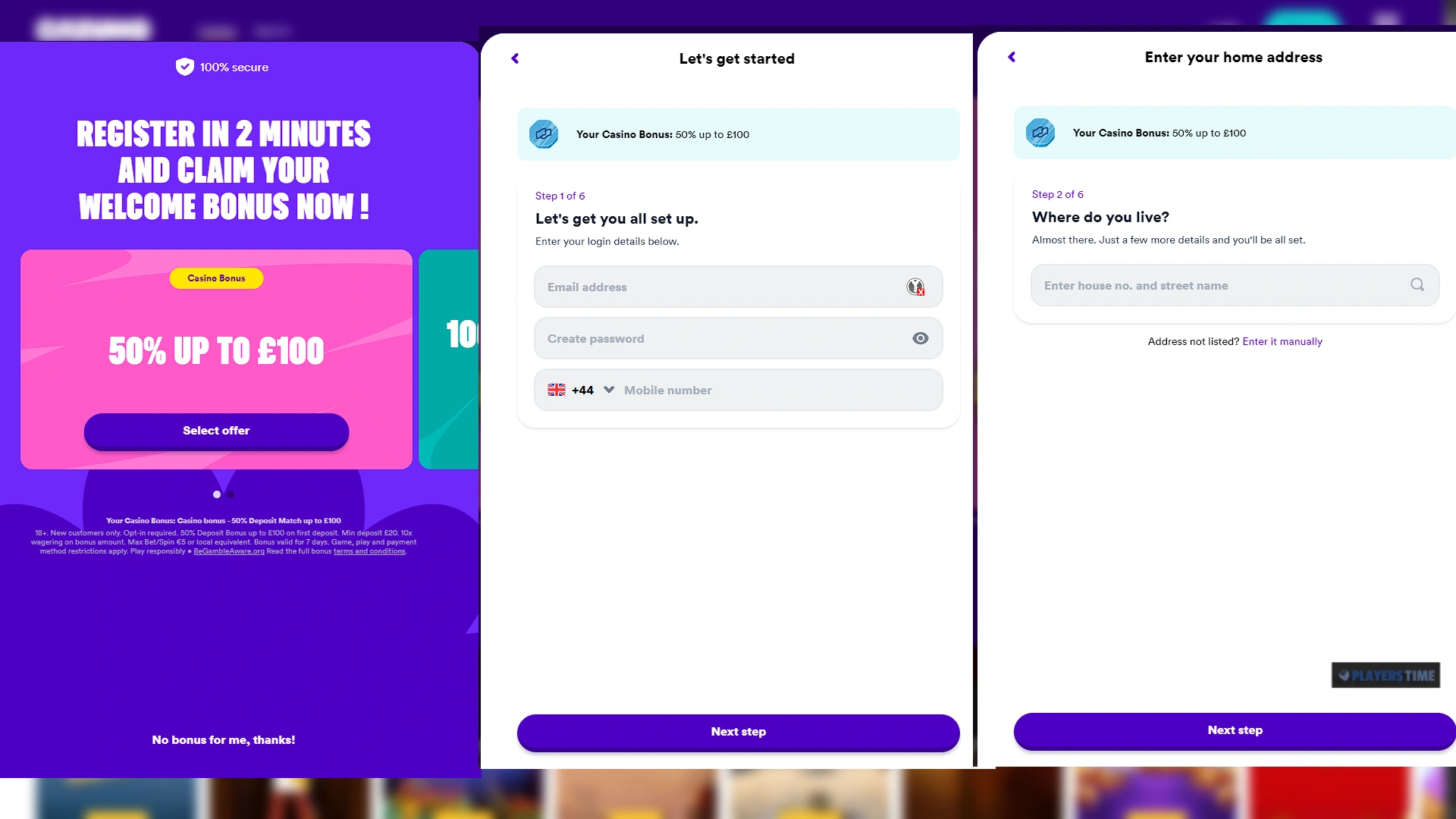 Casumo UK registration journey showing the welcome-offer selection, login details and home-address steps
